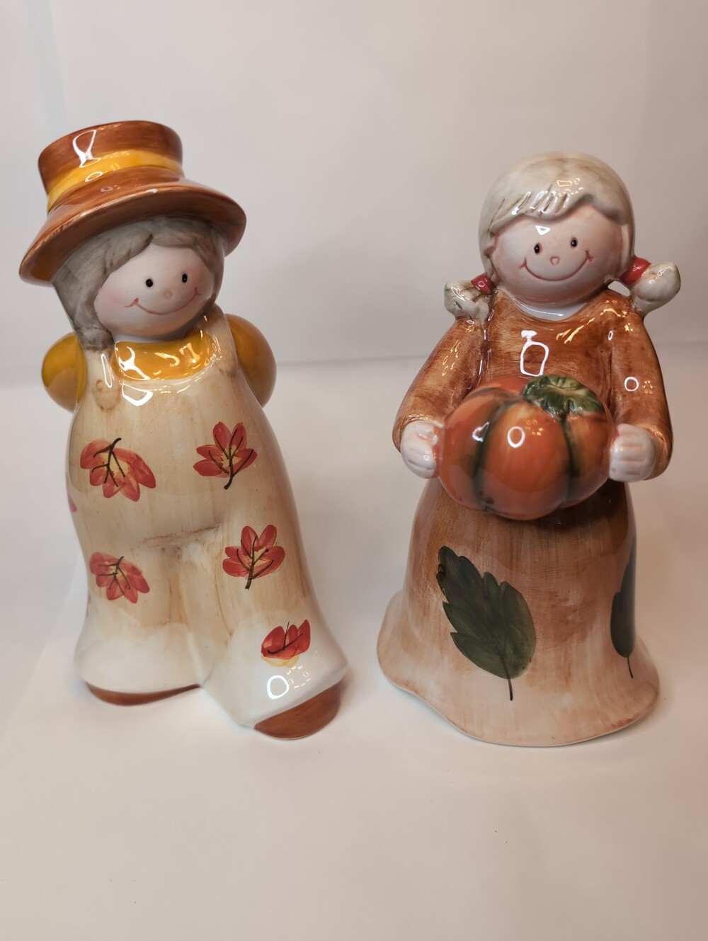 Ceramic Thanksgiving Pilgrim Figurines,Whimsical Fall Leaves, Pumpkin, And Corn